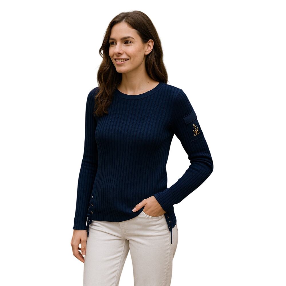 Lauren Ralph Lauren Navy Ribbed Knit Sweater S Nautical Anchor Pocket Pullover
